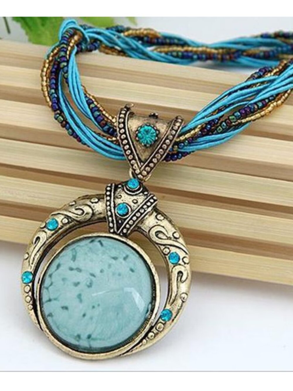 Blue Boho Glamour Marble-Like Stone Necklace Jeweled Setting Layered Seed Beads